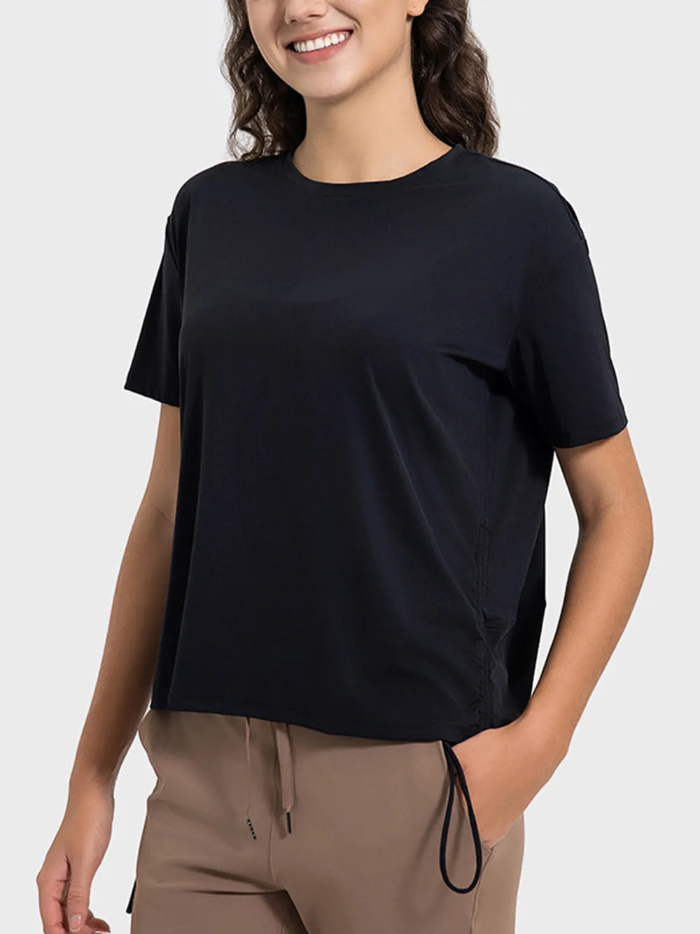 Drawstring Round Neck Short Sleeve Active T-Shirt in White for Women