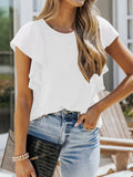 Ruffled Sleeve Ribbed Knit T-Shirt Plus Size in White for Women