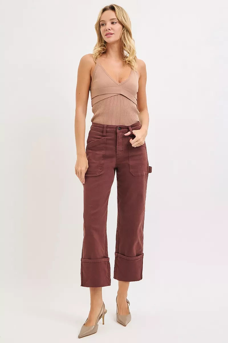 High Rise Wide Straight Cuffed Patch Jeans Plus Size in Choco Brown for Women