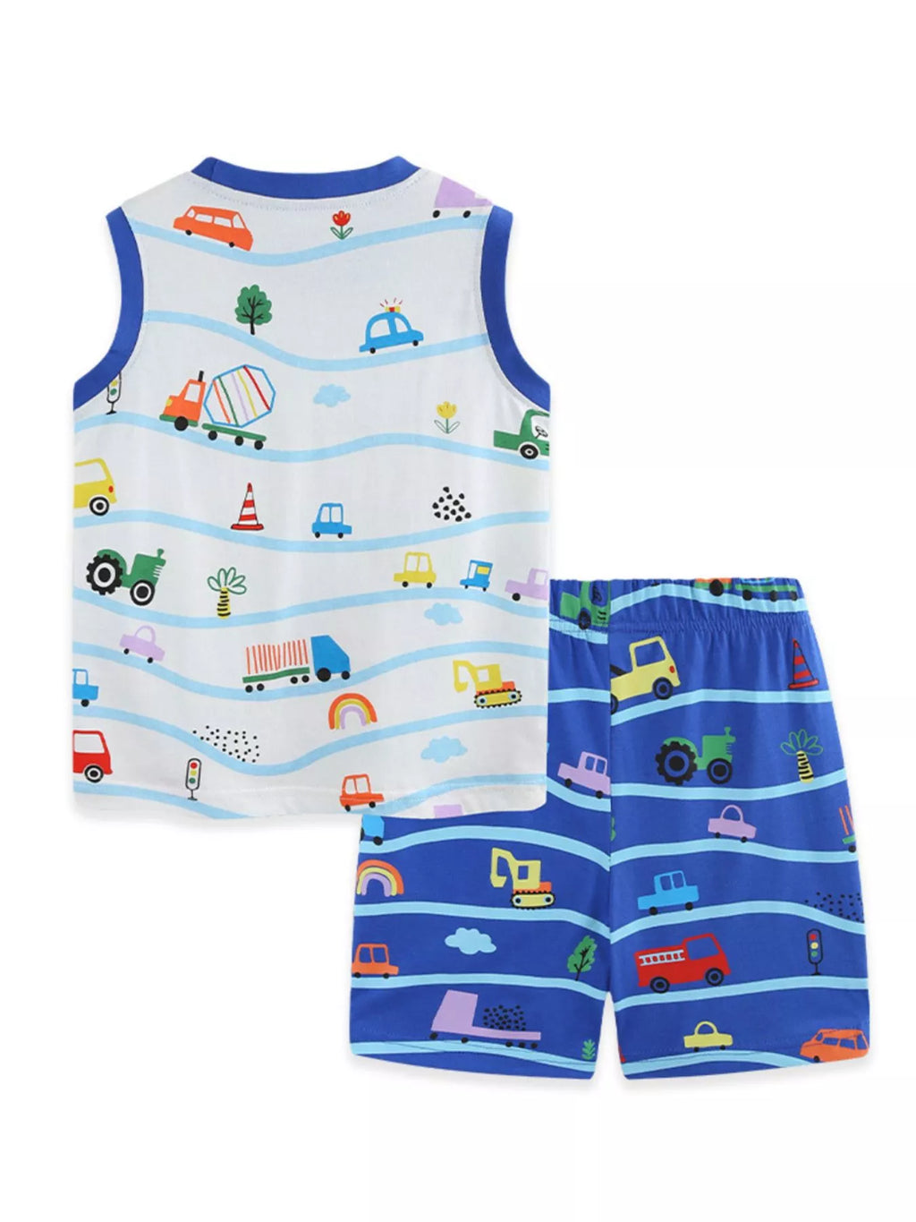 Cartoon Vehicle Print Sleeveless Top & Shorts Set for Boys