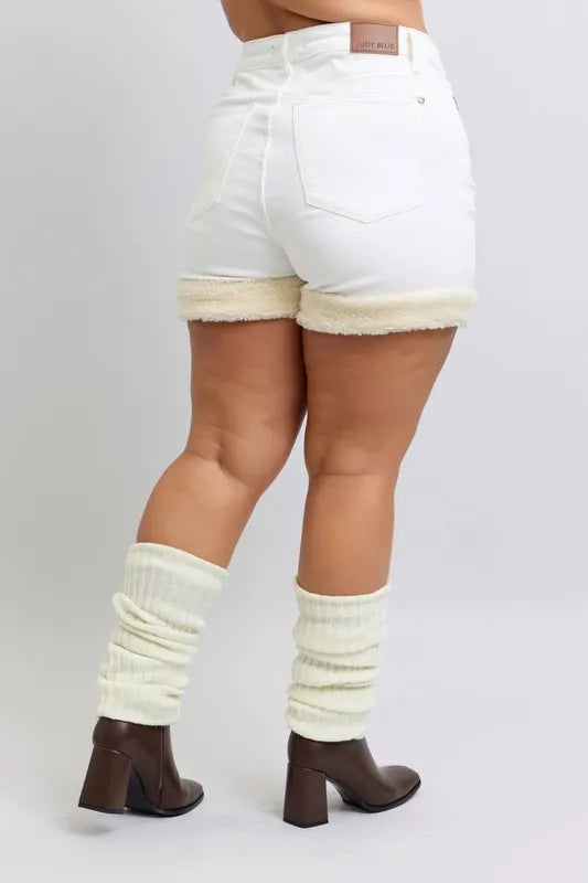 High Waist Shearling Cuff Denim Shorts Plus Size for Women