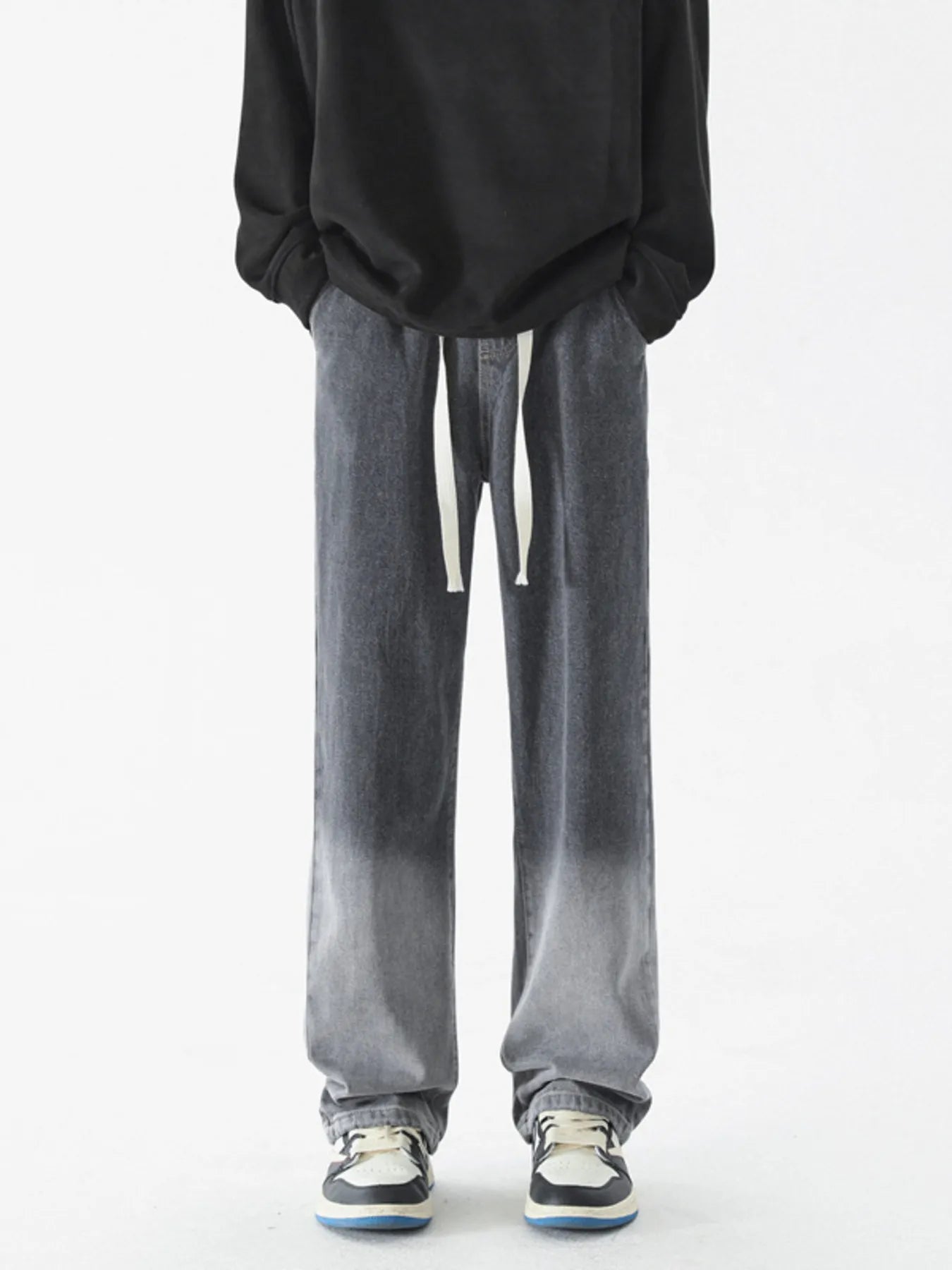 Wide Leg Washed Jeans Plus Size in Black and Gray for Men