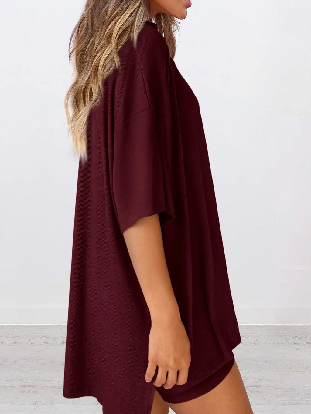 Oversized Slit Round Neck Top and Shorts Lounge Set Plus Size in Grey for Women