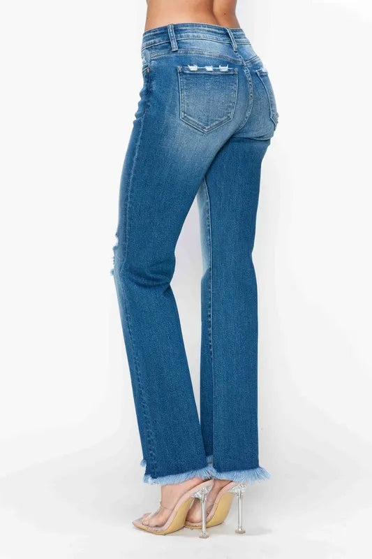 Plus Size Raw Hem Distressed Mid Rise Straight Jeans in Medium for Women