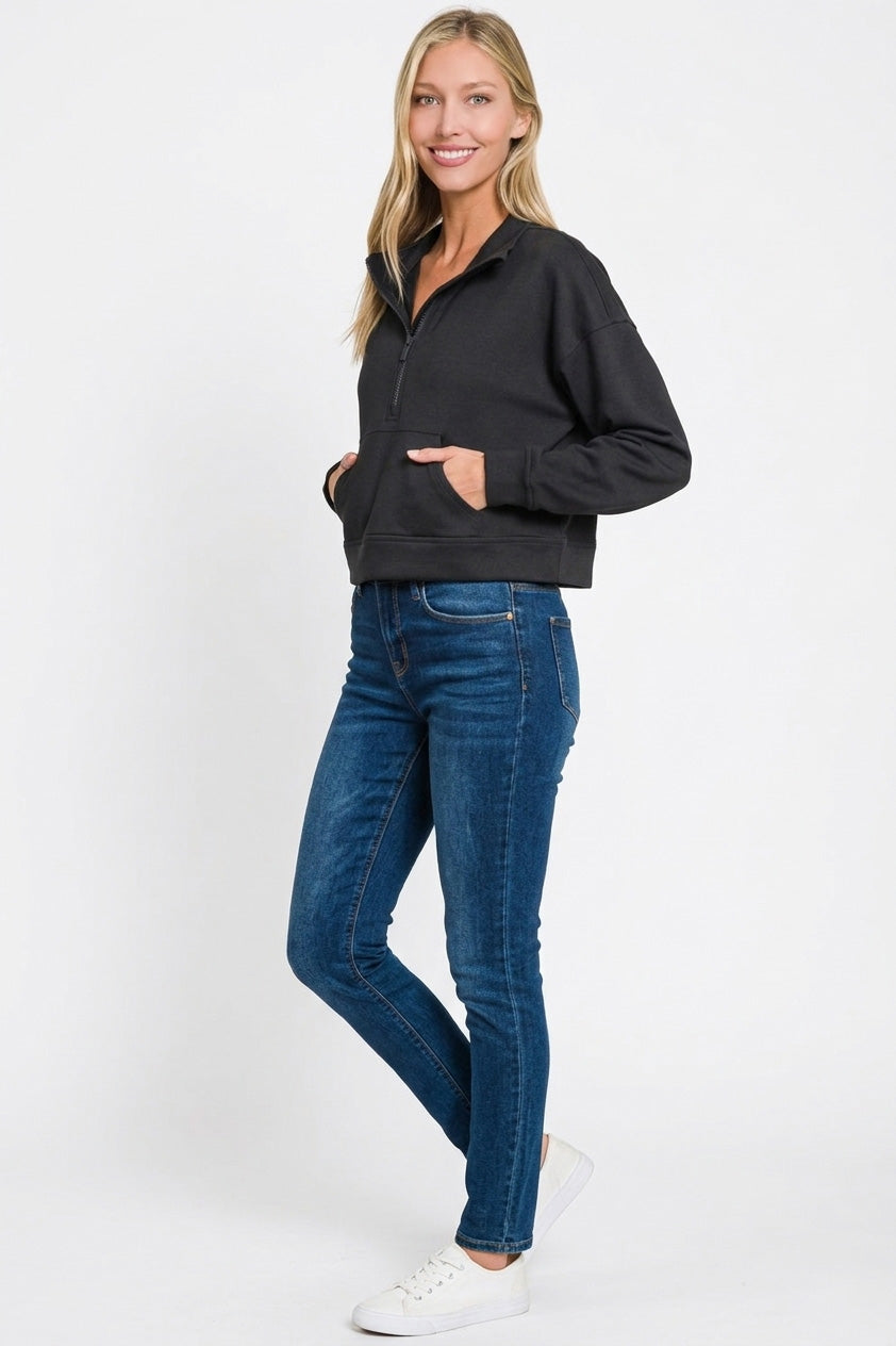 Scuba Half Zip Pullover with Kangaroo Pockets in Black for Women