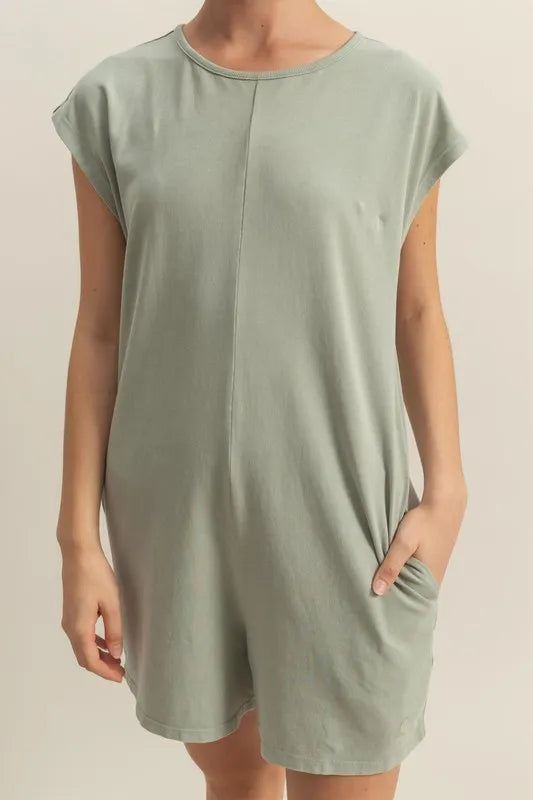 Round Neck Cap Sleeve Relaxed Fit Breezy Romper in Sage for Women
