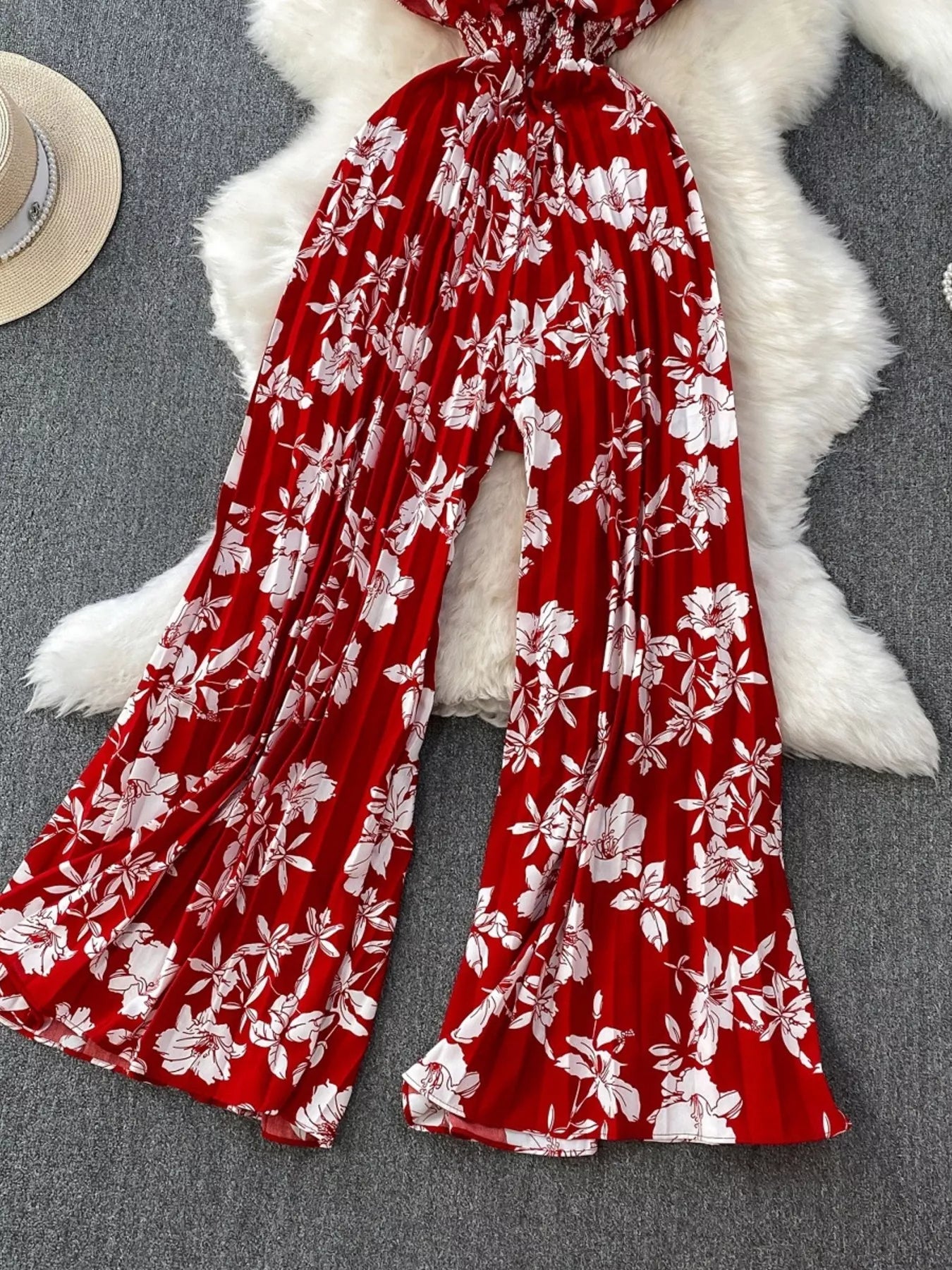 Black Floral Print Wide Leg Pleated Jumpsuit for Women