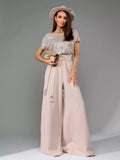 Plus Size Sequin Short Sleeve Wide Leg Jumpsuit in Apricot Silver for Women