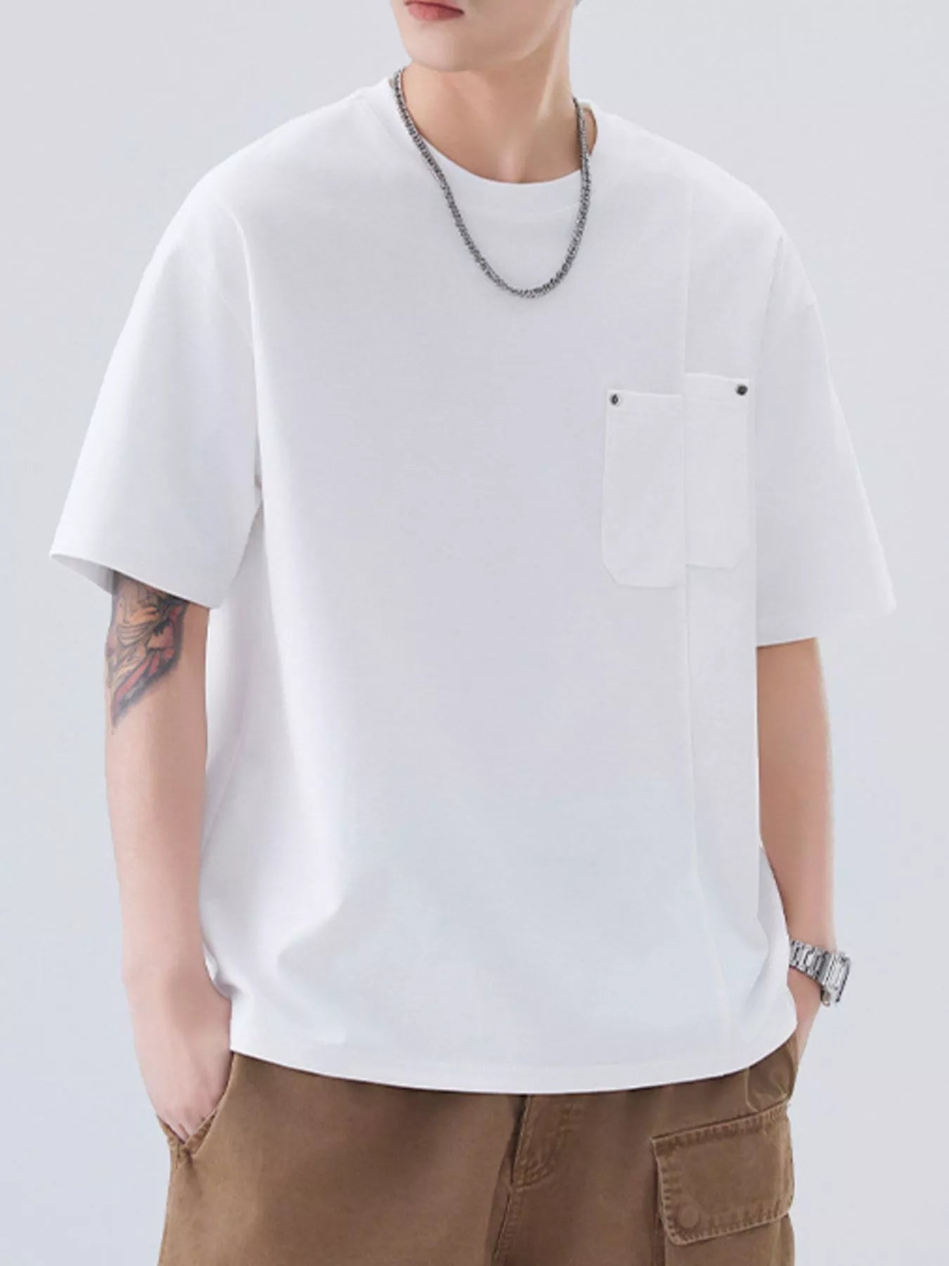 Plus Size Round Neck Short Sleeve T-Shirt in White in Brown for Men