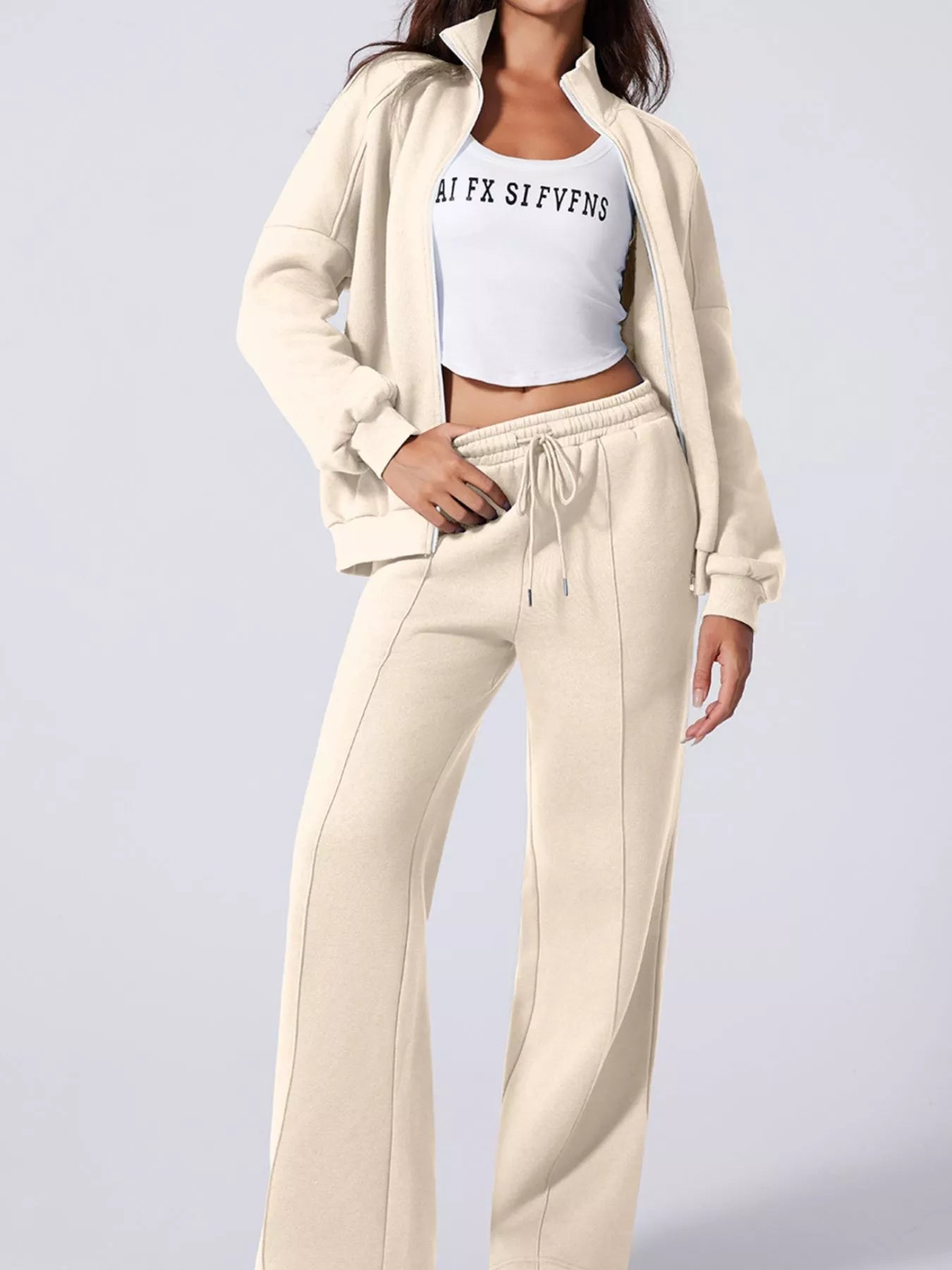 Drop Shoulder Zip Up Jacket and Drawstring Pants Active 2pcs Set in Beige for Women