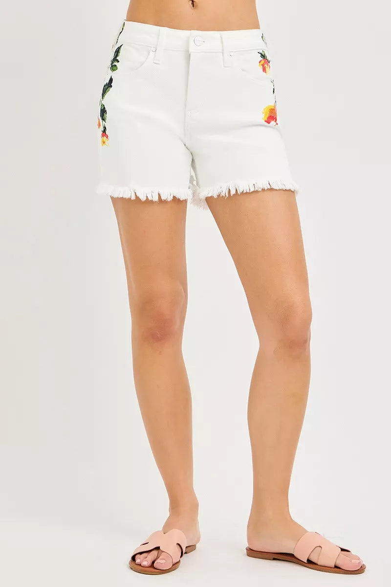 Tummy Control High Rise Flower Printed Shorts in White for Women