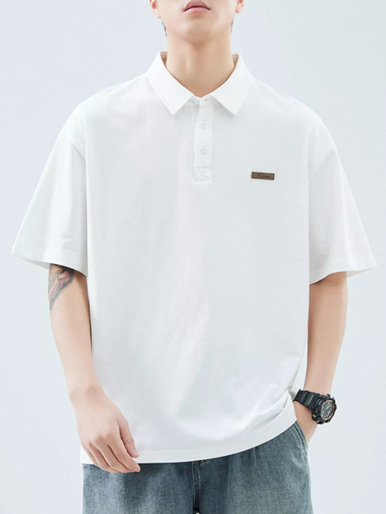 Plus Size Button Detail Half Sleeve Polo in White for Men