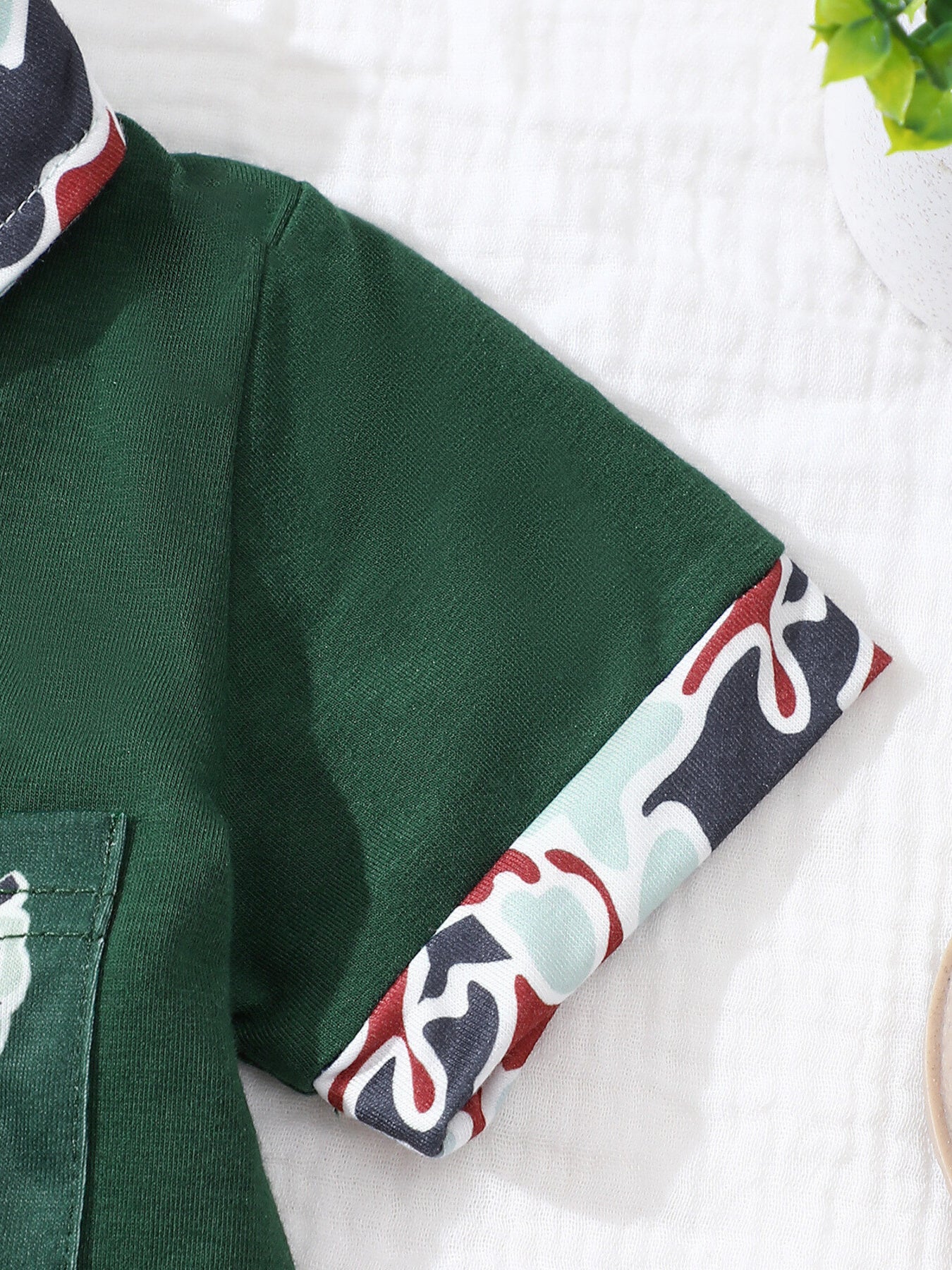 Button Detail Polo Shirt & Shorts Set in Dark Green for Boys