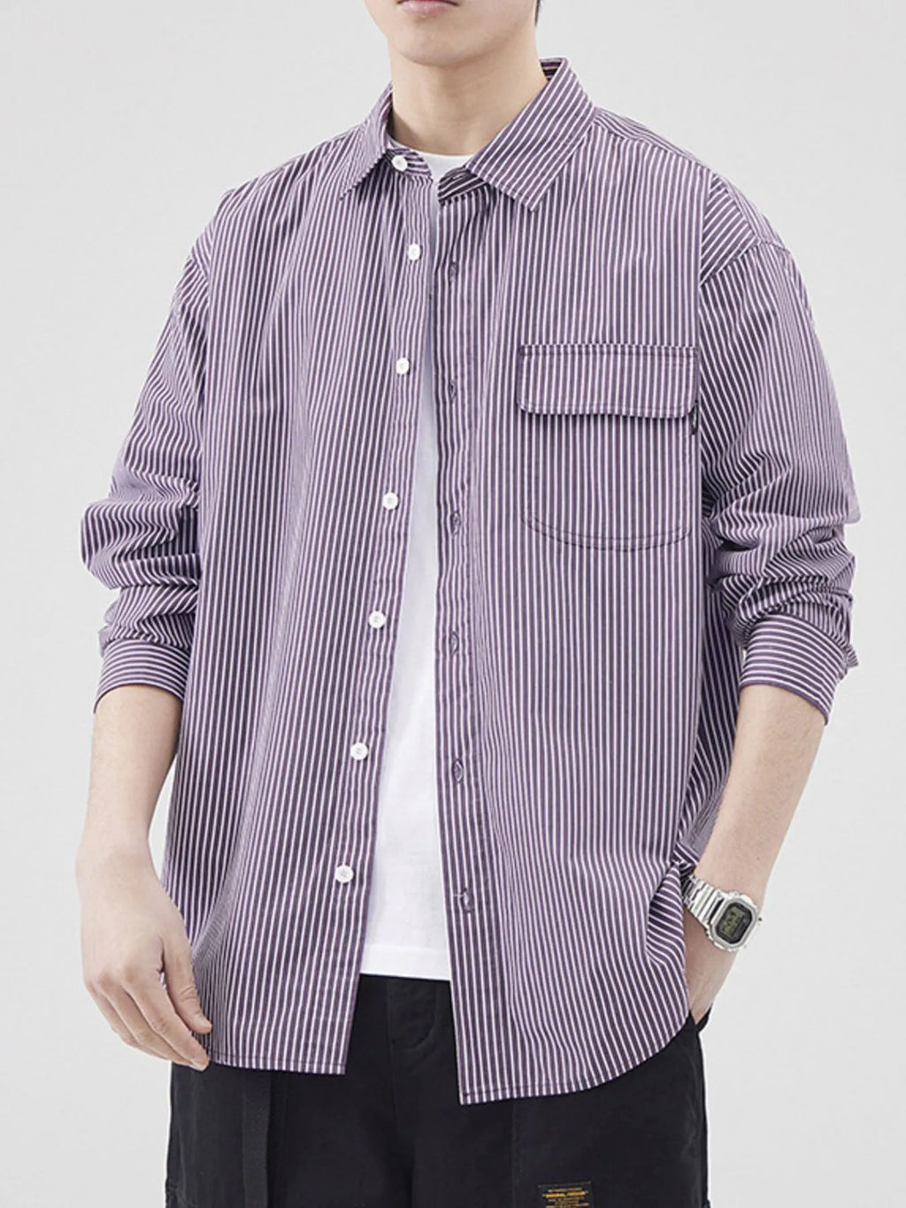 Plus Size Striped Button Up Long Sleeve Shirt in Blue for Men