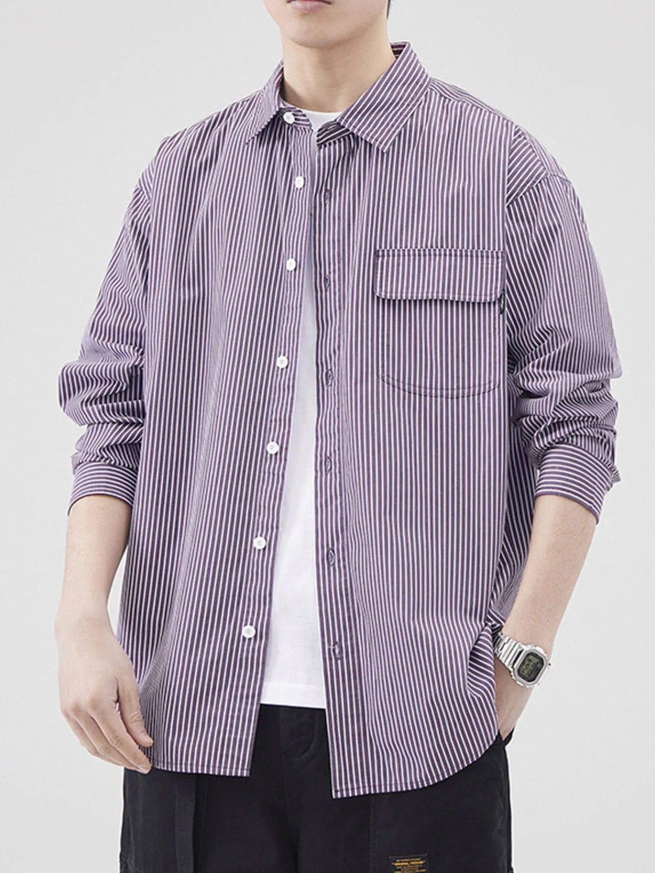Plus Size Striped Button Up Long Sleeve Shirt in Blue for Men