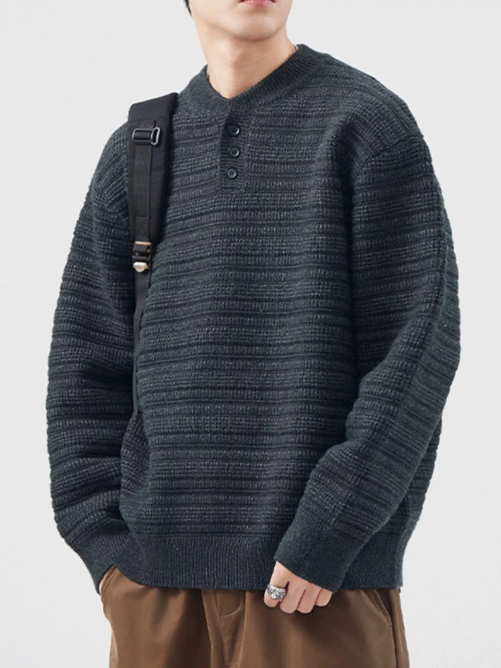 Plus Size Button Detail Long Sleeve Sweater in Dark Gray for Men
