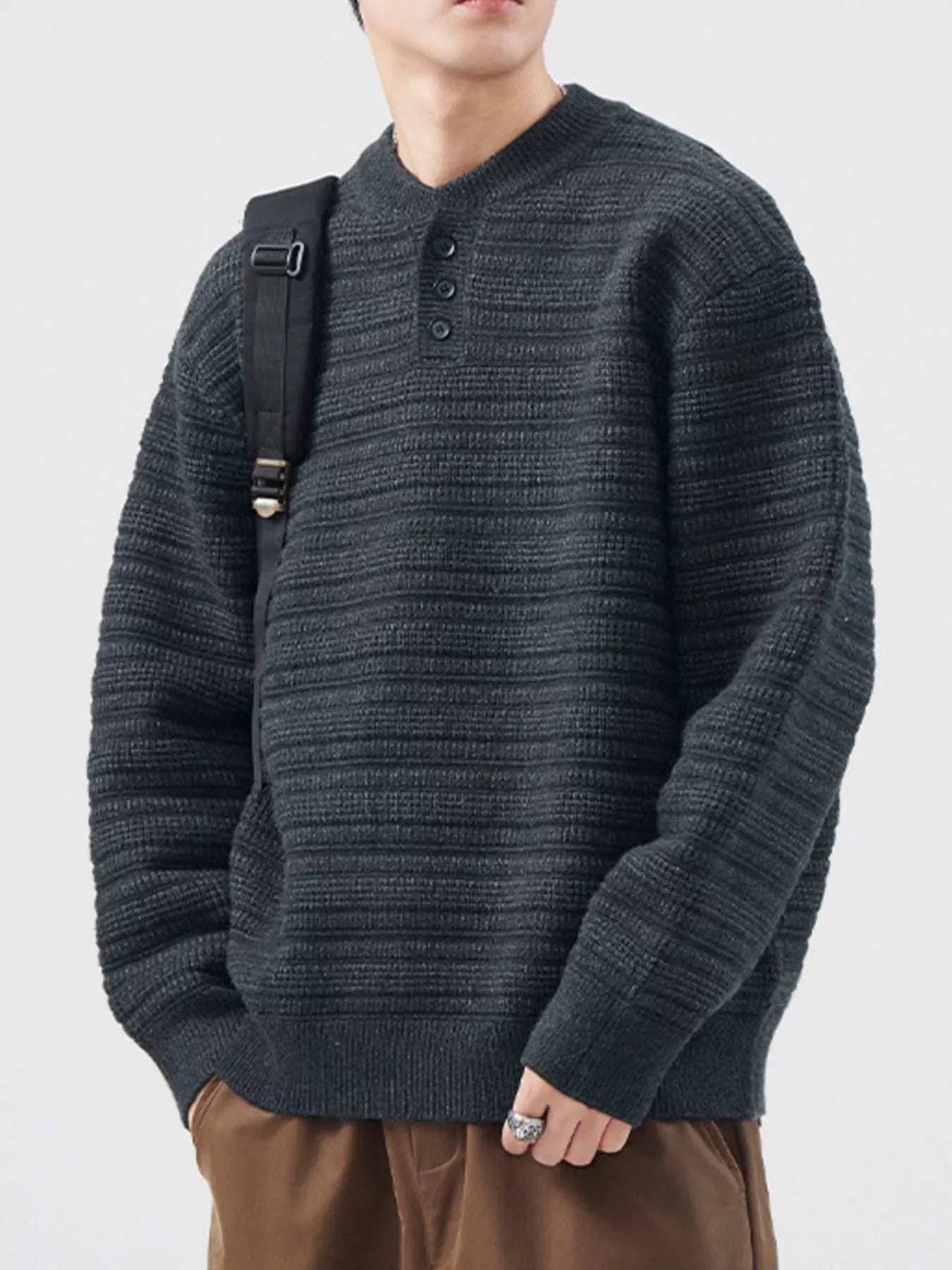 Plus Size Button Detail Long Sleeve Sweater in Dark Gray for Men