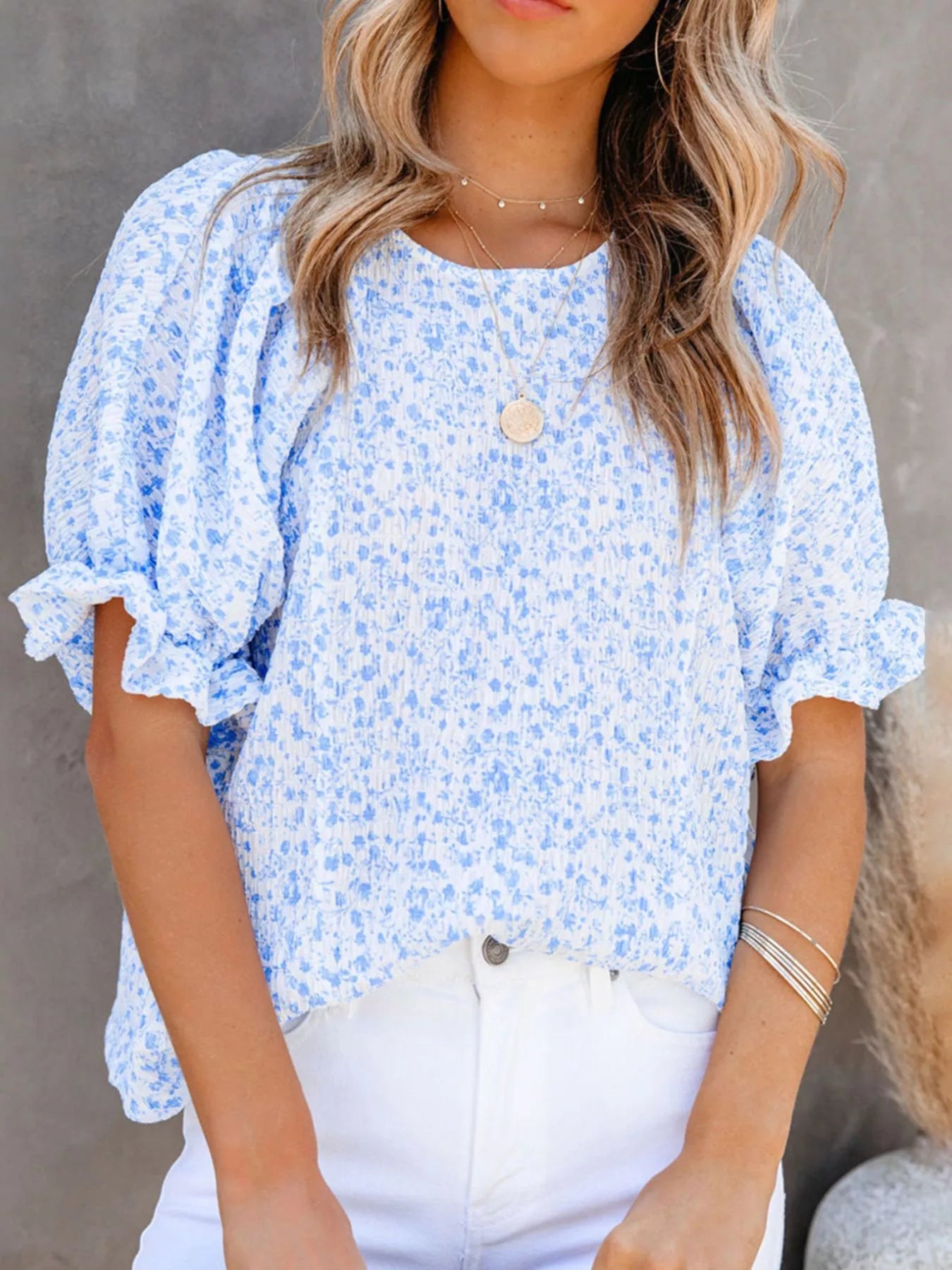 Floral Print Ruffle Sleeve Blouse Plus Size in Sky Blue for Women