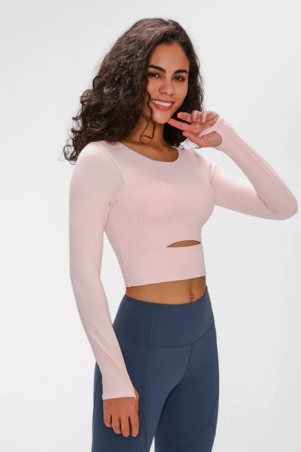 Long Sleeve Cropped Top with Sports Strap in Blush Pink for Women