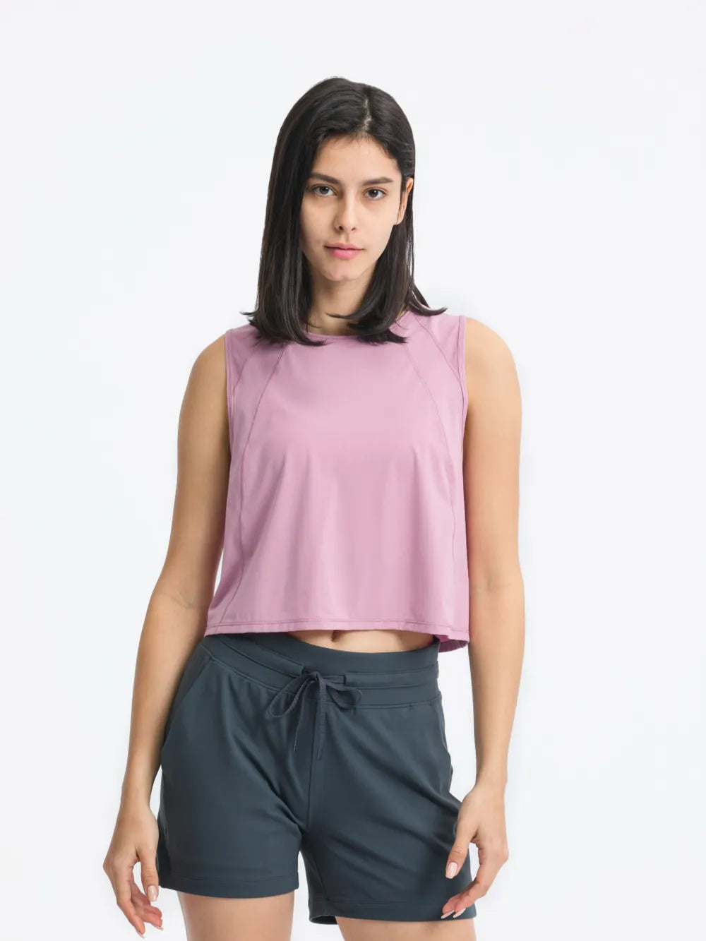 Round Neck Cropped Active Tank in Dusty Pink for Women