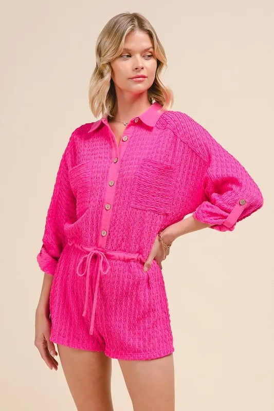 Textured Knit Button Front Romper in Fuchsia for Women