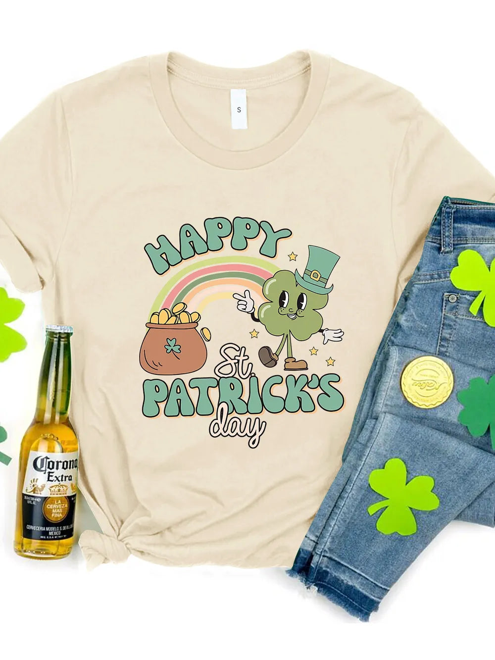 Happy St Patricks Day Round Neck T-Shirt in Light Blue for Women