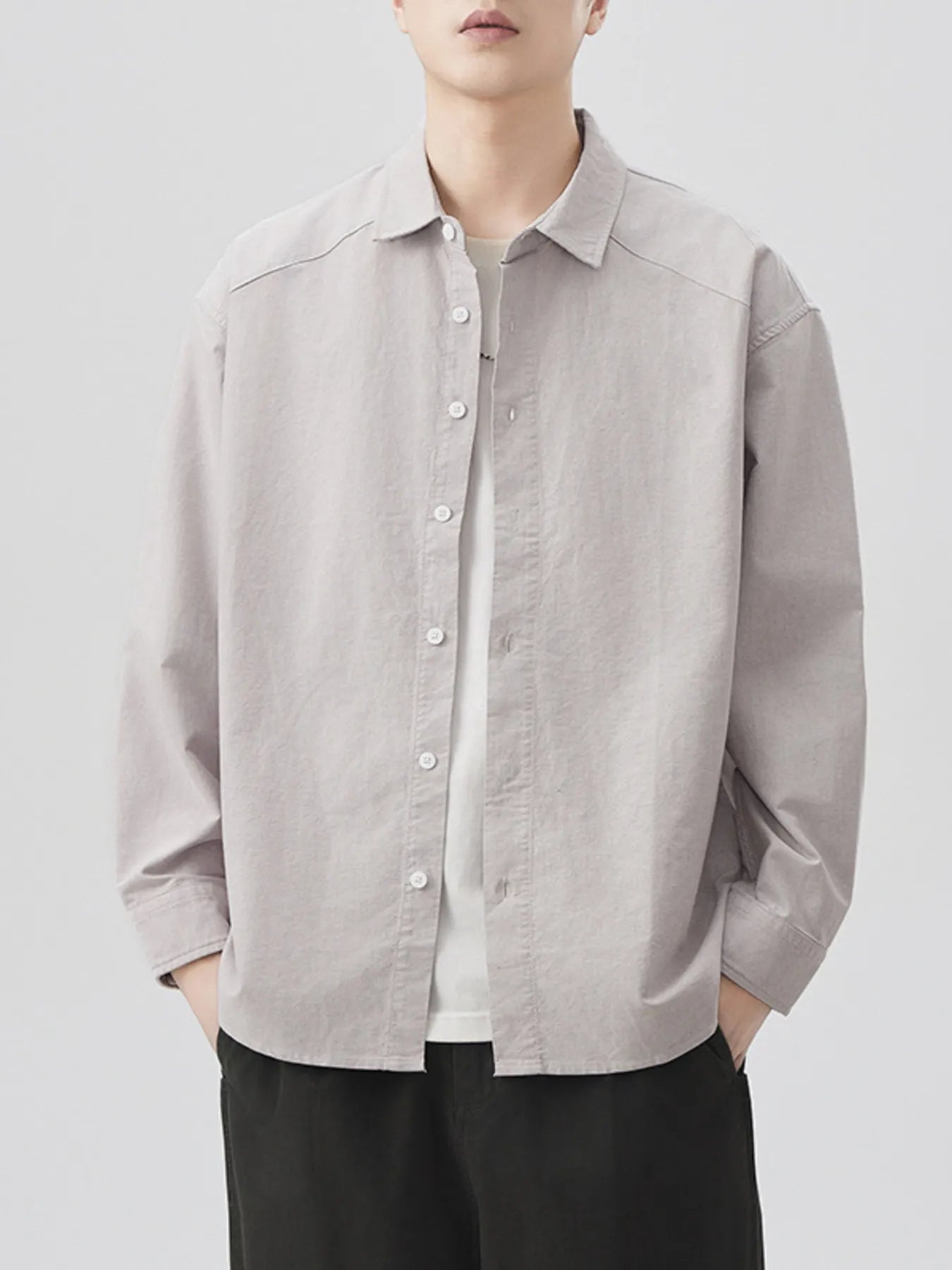 Plus Size Casual Solid Color Long Sleeve Shirt in Light Coffee for Men