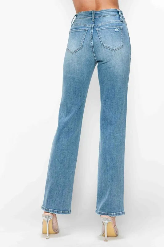 Plus Size Distressed High Rise Straight Jeans in Medium for Women
