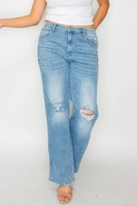 Plus Size Distressed High Rise Straight Jeans in Medium for Women