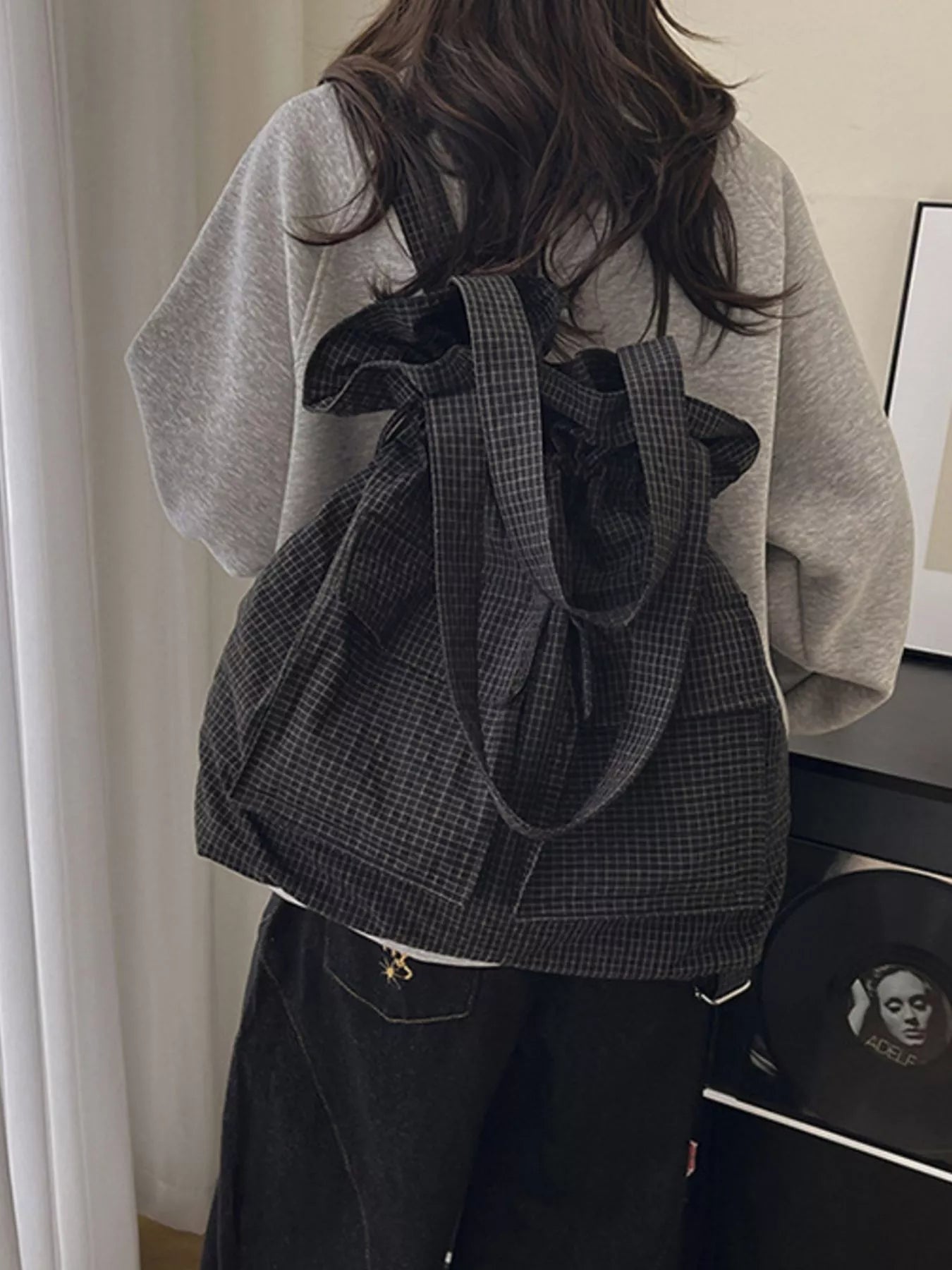 Convertible Plaid Drawstring Backpack Bag for Women