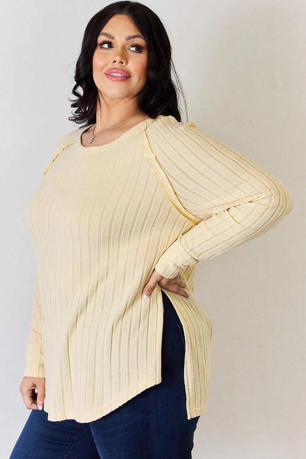 Plus Size Ribbed Round Neck Slit T-Shirt in Sky Blue for Women