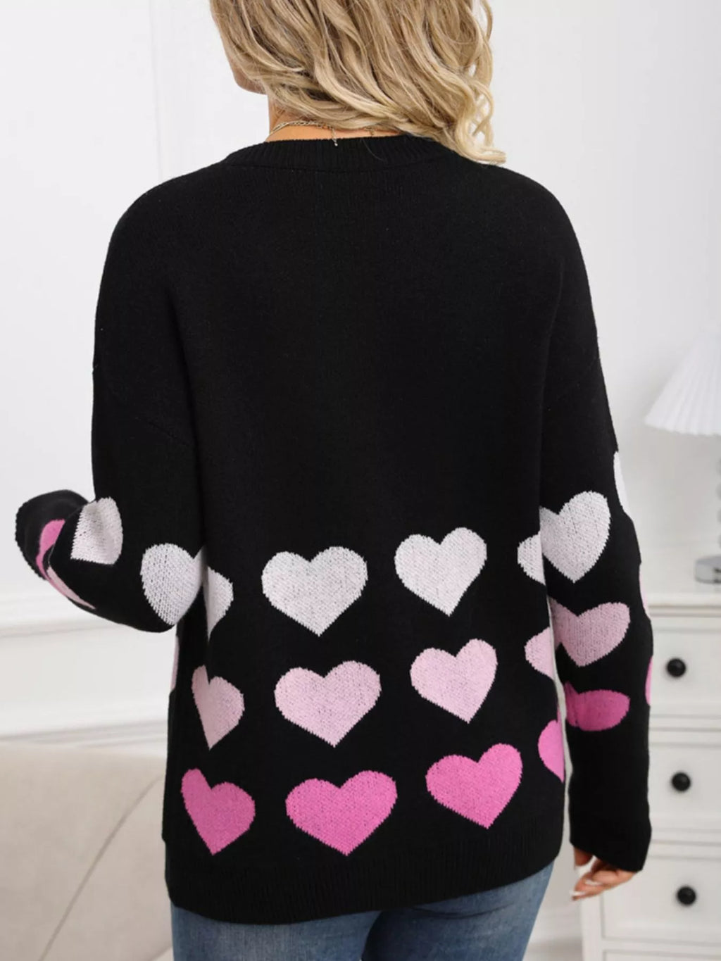 Valentines Day Heart Pattern Crew Neck Sweater for Women