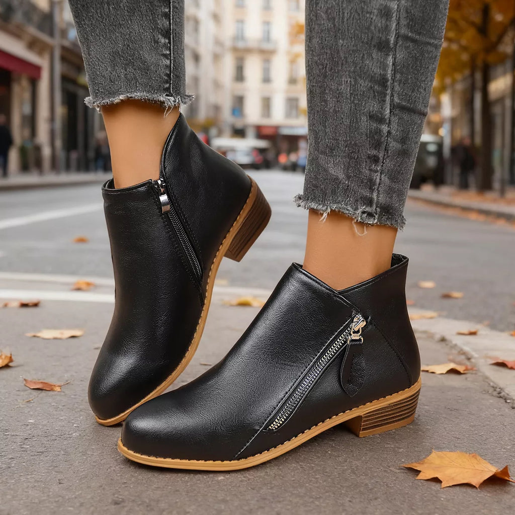 Size Zipper Block Heels Boots in Black for Women