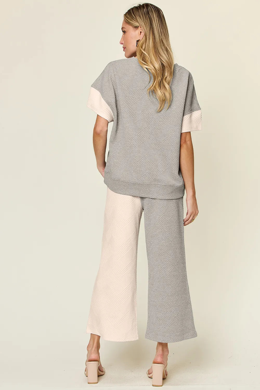 Plus Size Texture Contrast T-Shirt and Wide Leg Pants Set in Royal Blue for Women