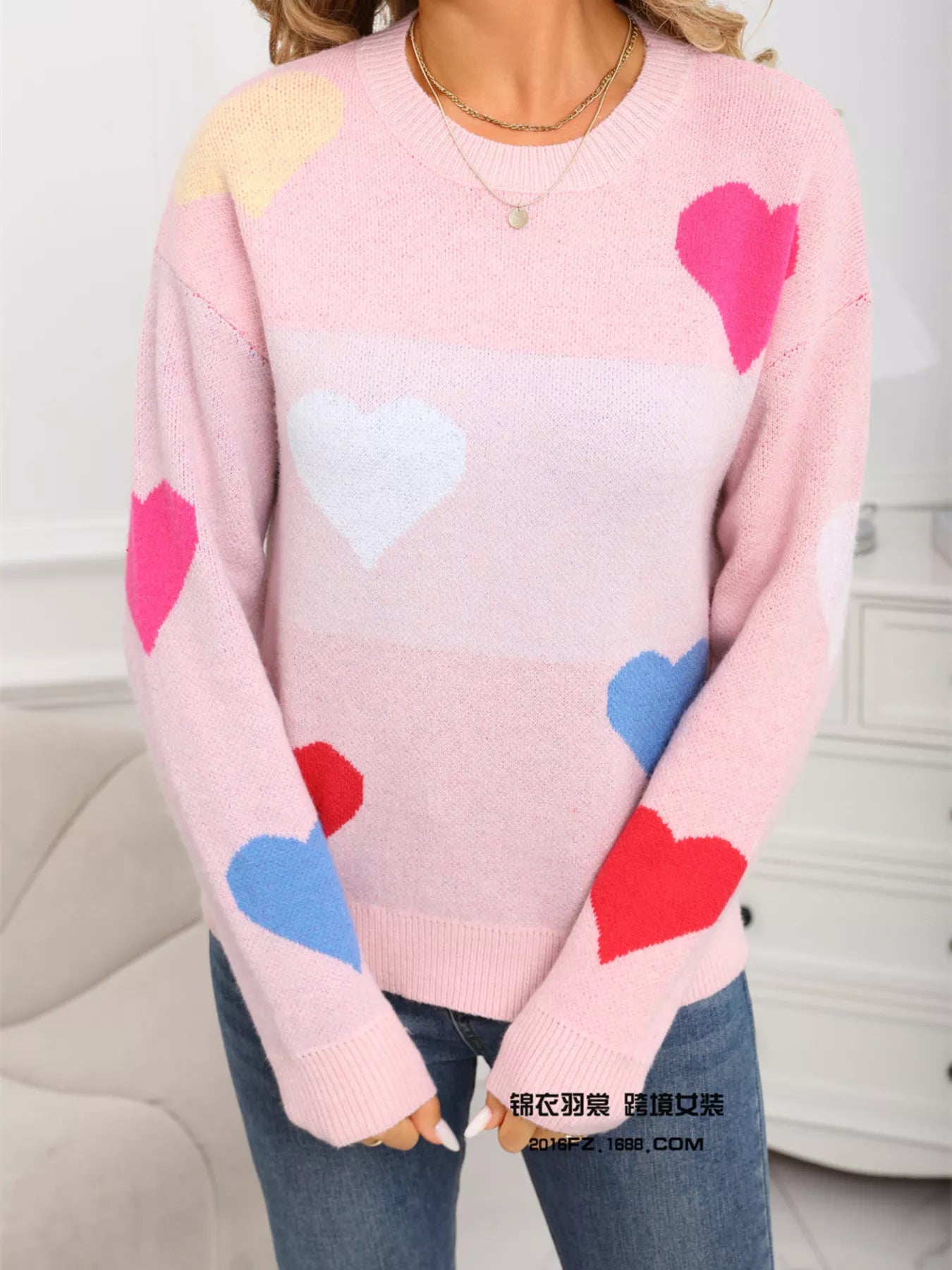 Valentines Day Heart Round Neck Dropped Shoulder Sweater in Pink for Women