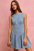 Fit and Flare Sleeveless Denim Mini Dress in Light Denim for Women
