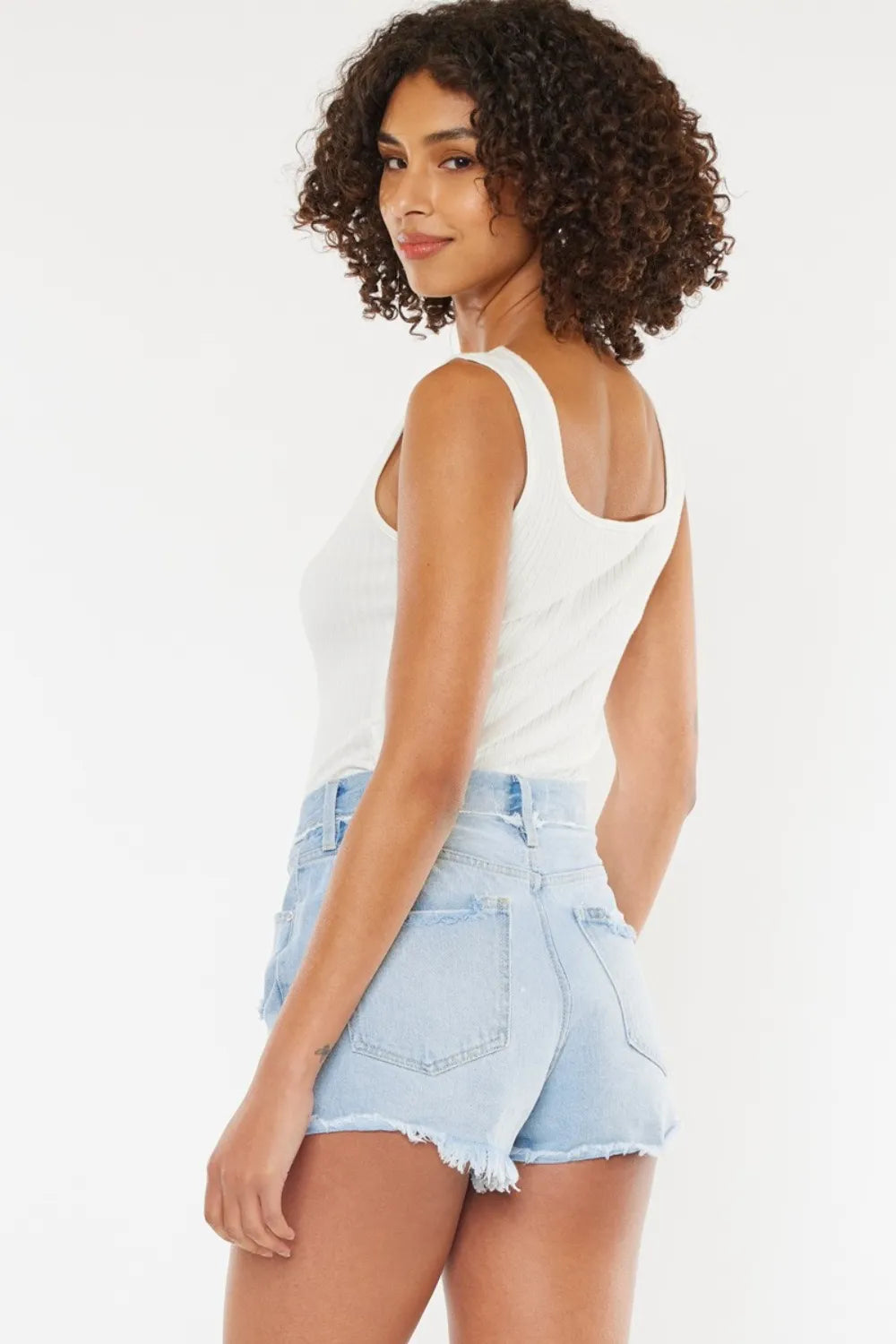 Distressed Button Fly Denim Shorts in Medium for Women