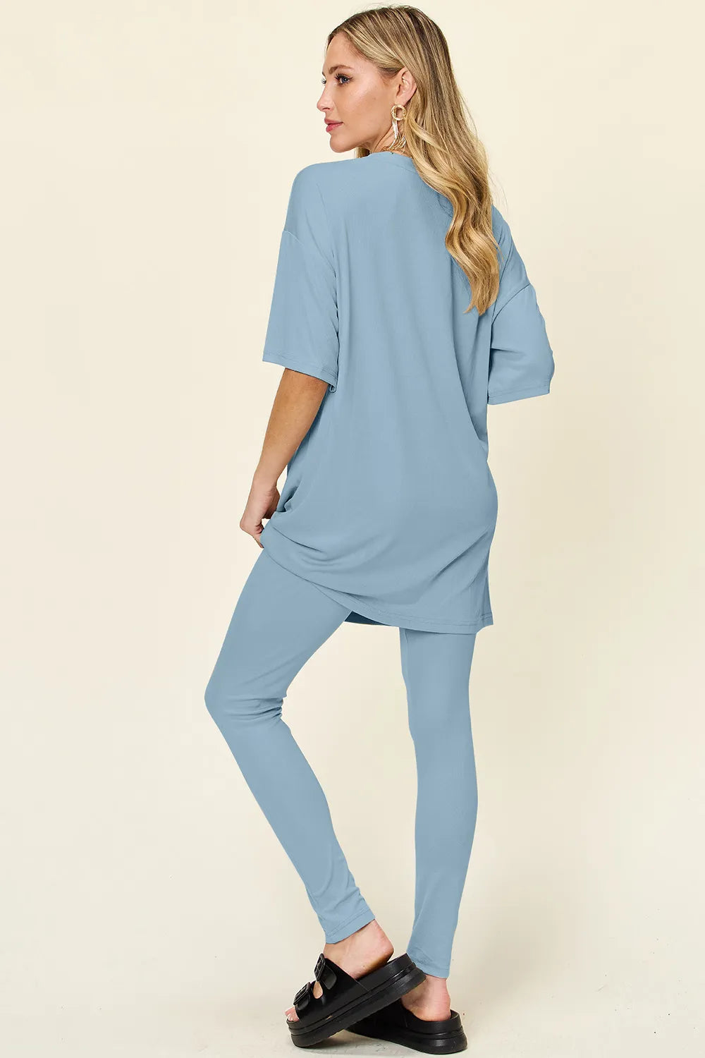 Plus Size Round Neck Dropped Shoulder T-Shirt and Leggings Set in Mocha for Women