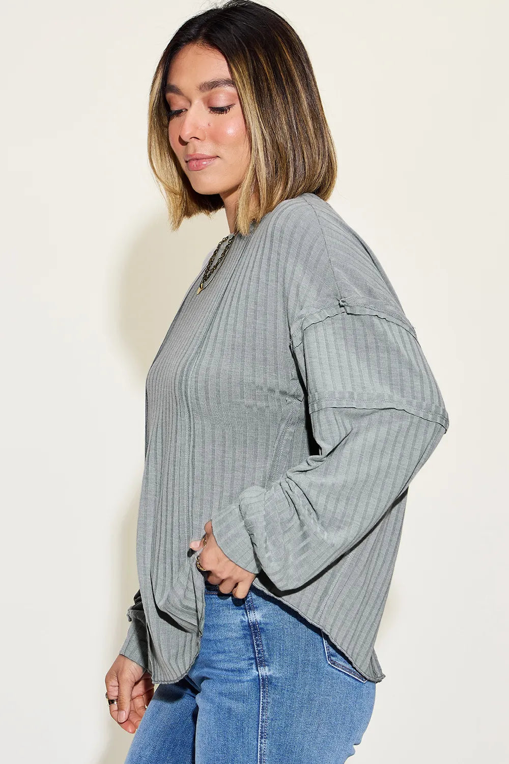 Plus Size Ribbed Round Neck Long Sleeve T-Shirt in Dark Brown for Women