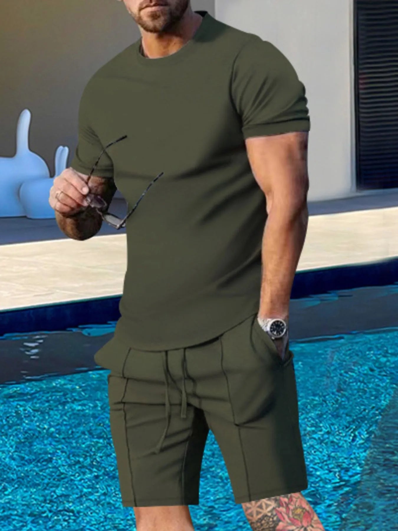 Plus Size Round Neck Short Sleeve Top and Shorts Set in Light Gray for Men