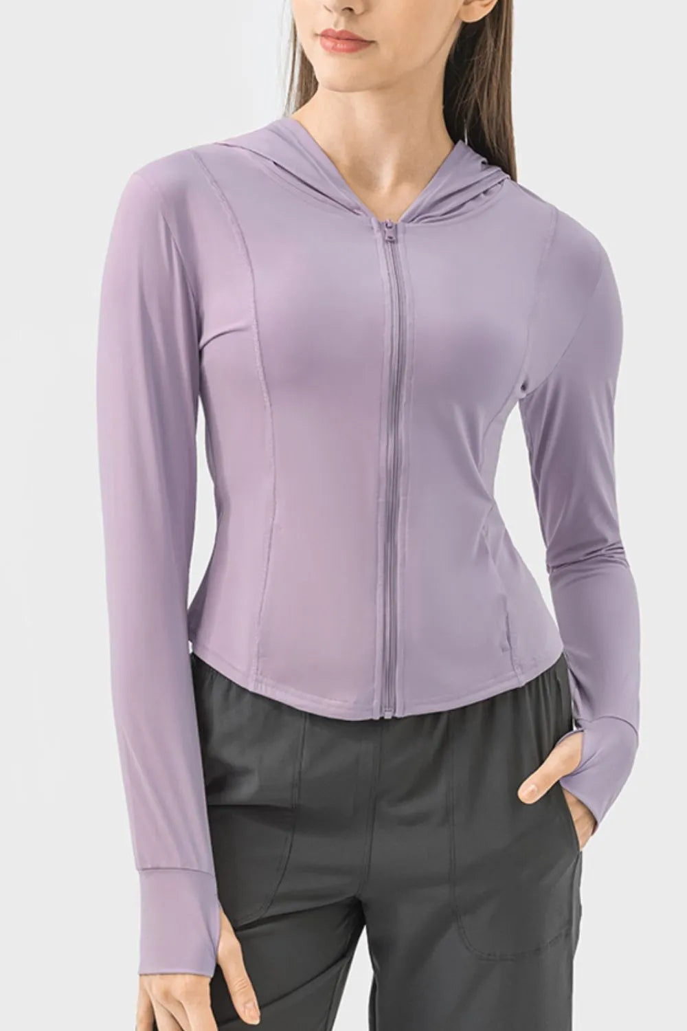 Pocketed Zip Up Hooded Long Sleeve Active Outerwear in Light Blue for Women