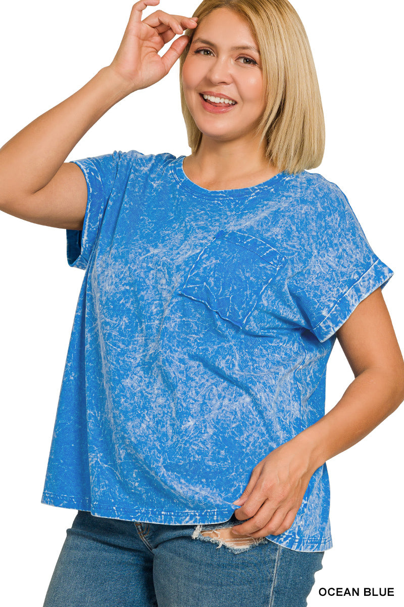 Crinkle Washed Round Neck Folded Short Sleeve Tee Plus Size in Ocean Blue for Women