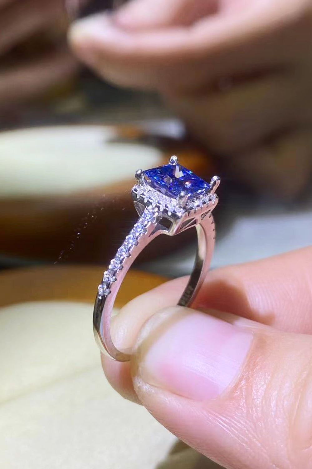 1 Carat Moissanite 925 Sterling Silver Square Ring in Blue for Women