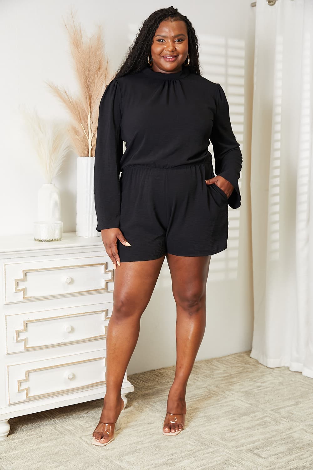 Plus Size Open Back Romper with Pockets in Black for Women
