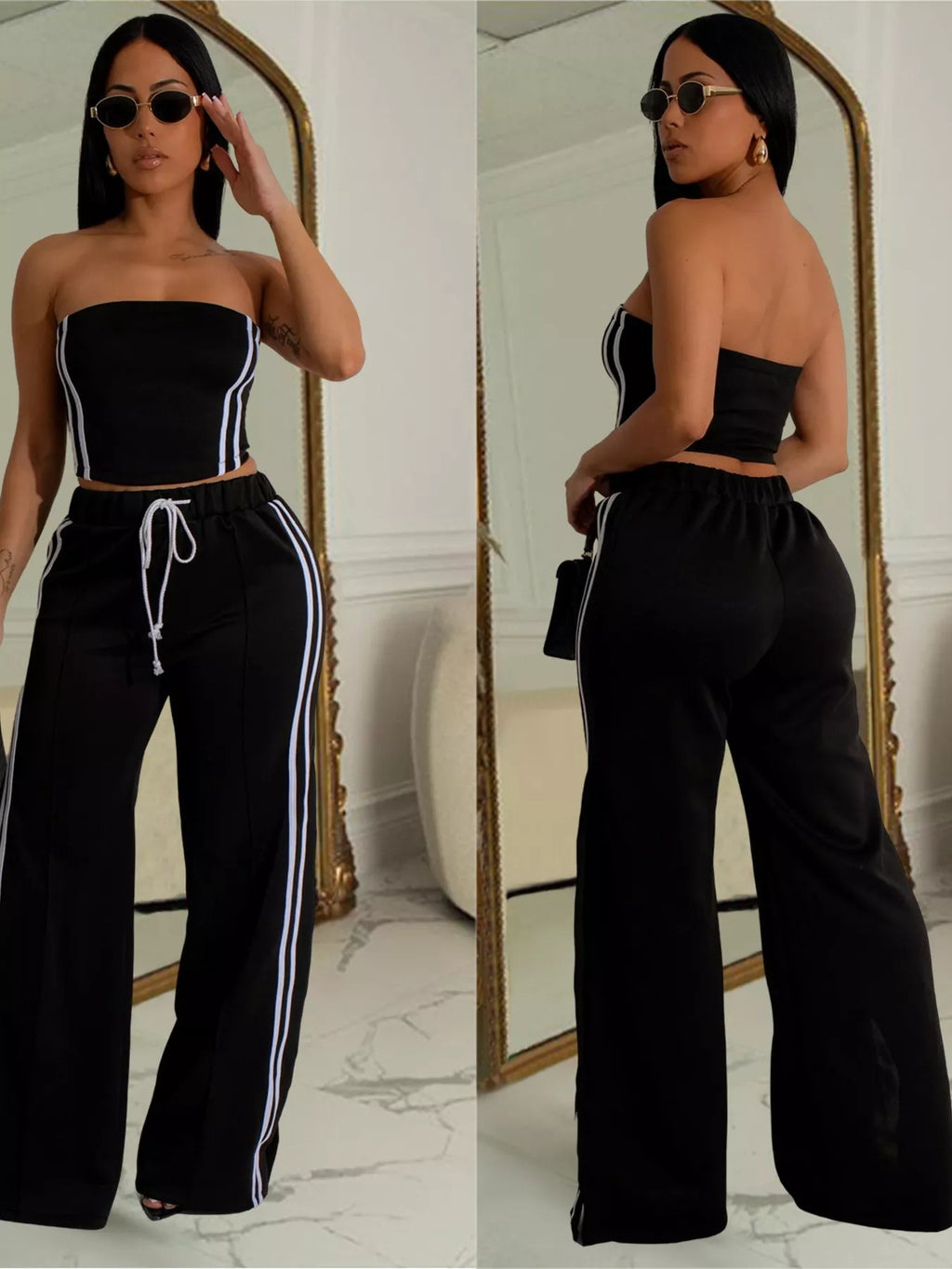 Sleeveless Tube Top and Wide Leg Pants Set in Black for Women