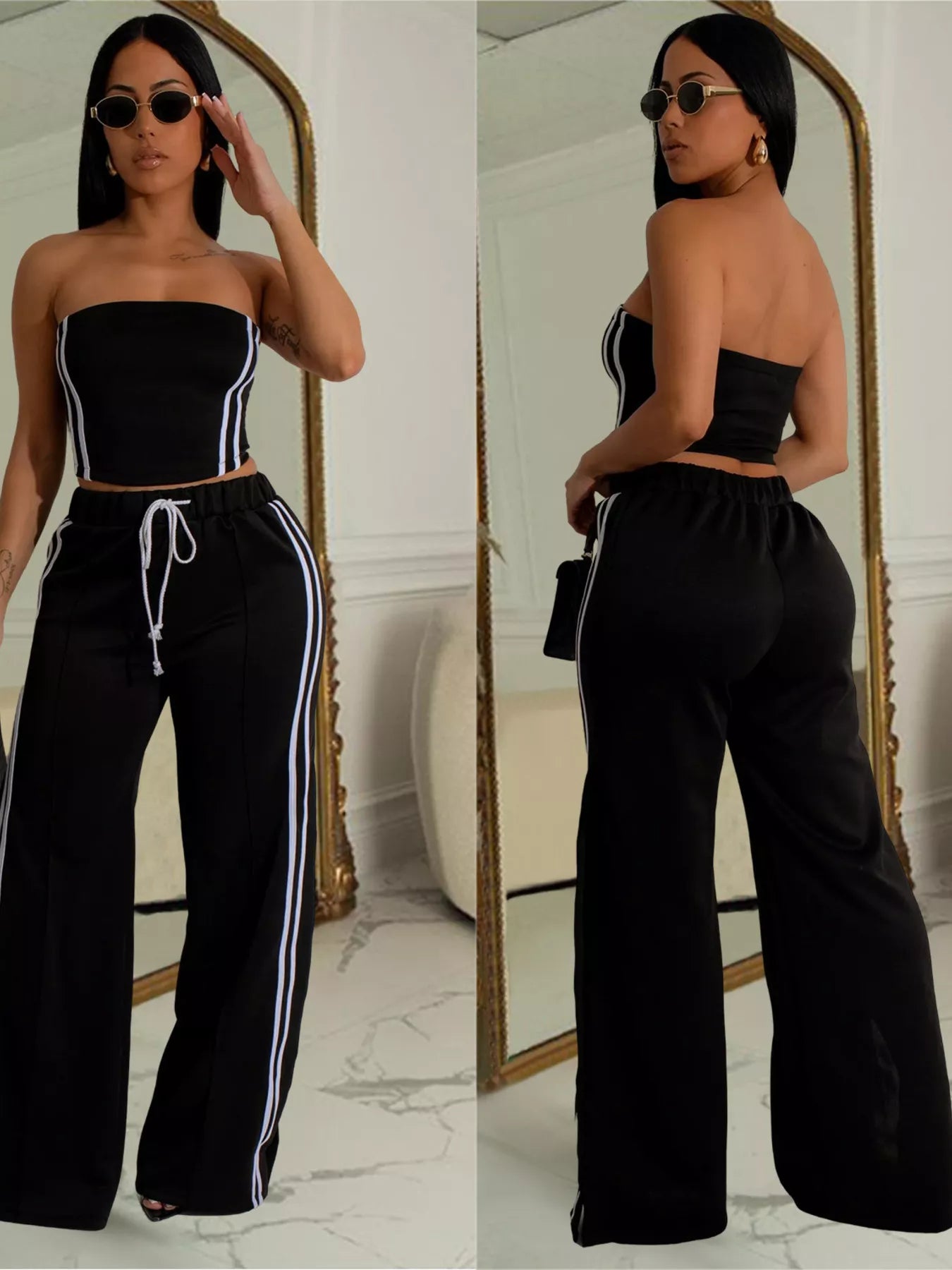 Sleeveless Tube Top and Wide Leg Pants Set in Black for Women