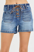High Rise Front Tie Up Shorts with Patch Pockets in Medium for Women