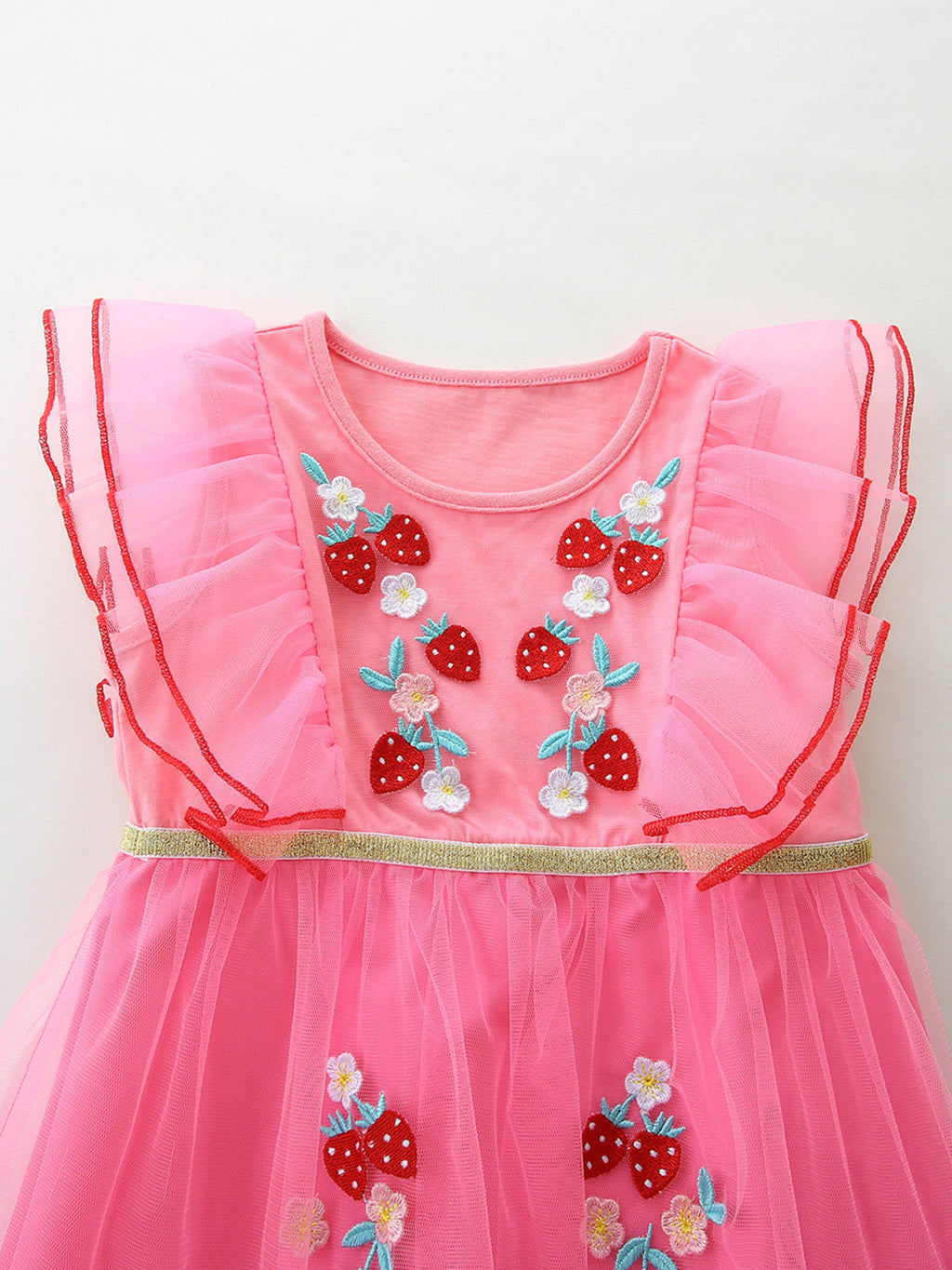 Strawberry Embroidered Ruffle Sleeve Tulle Dress in Fuchsia Pink for Girls