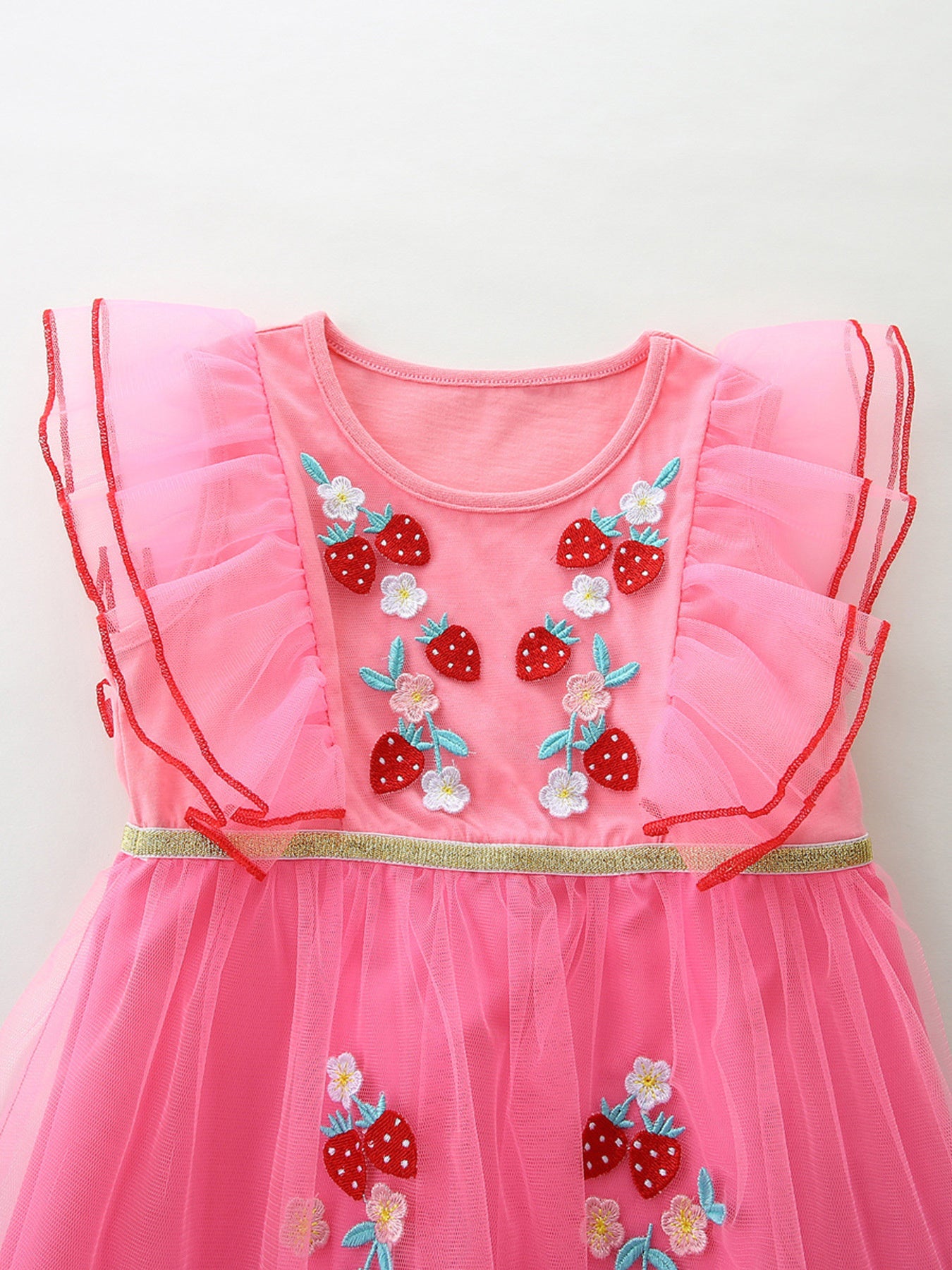 Strawberry Embroidered Ruffle Sleeve Tulle Dress in Fuchsia Pink for Girls
