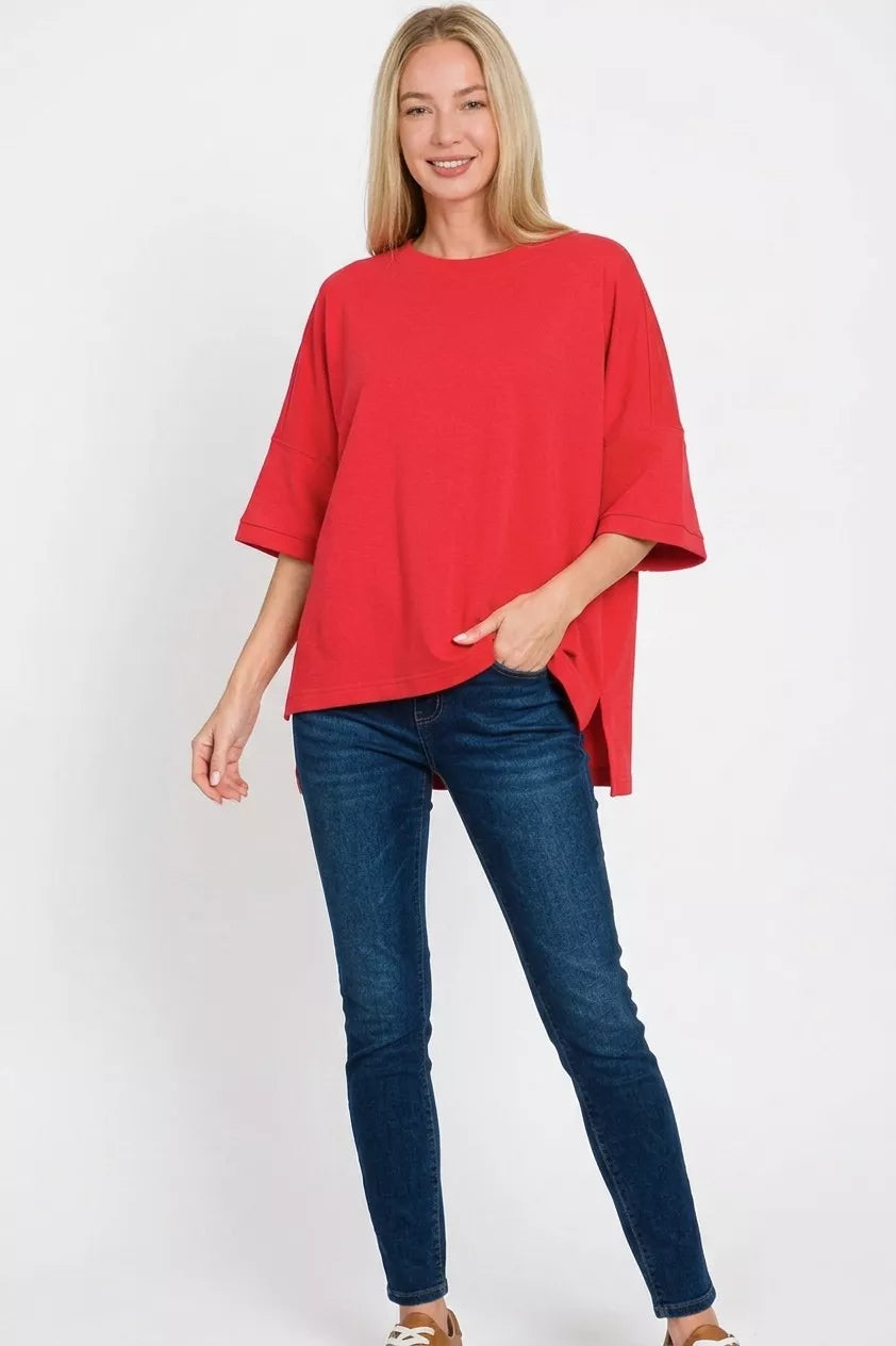Scuba Round Neck Top with Side Slits in Ruby for Women